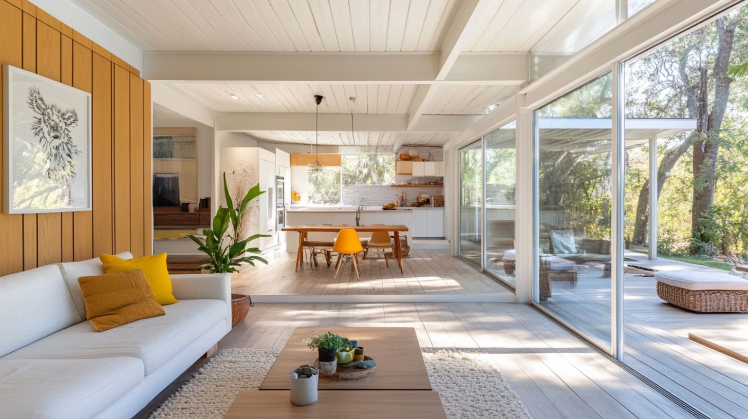 a modern home with white sliding doors