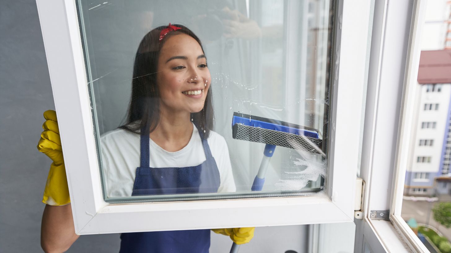 a woman cleaning a window