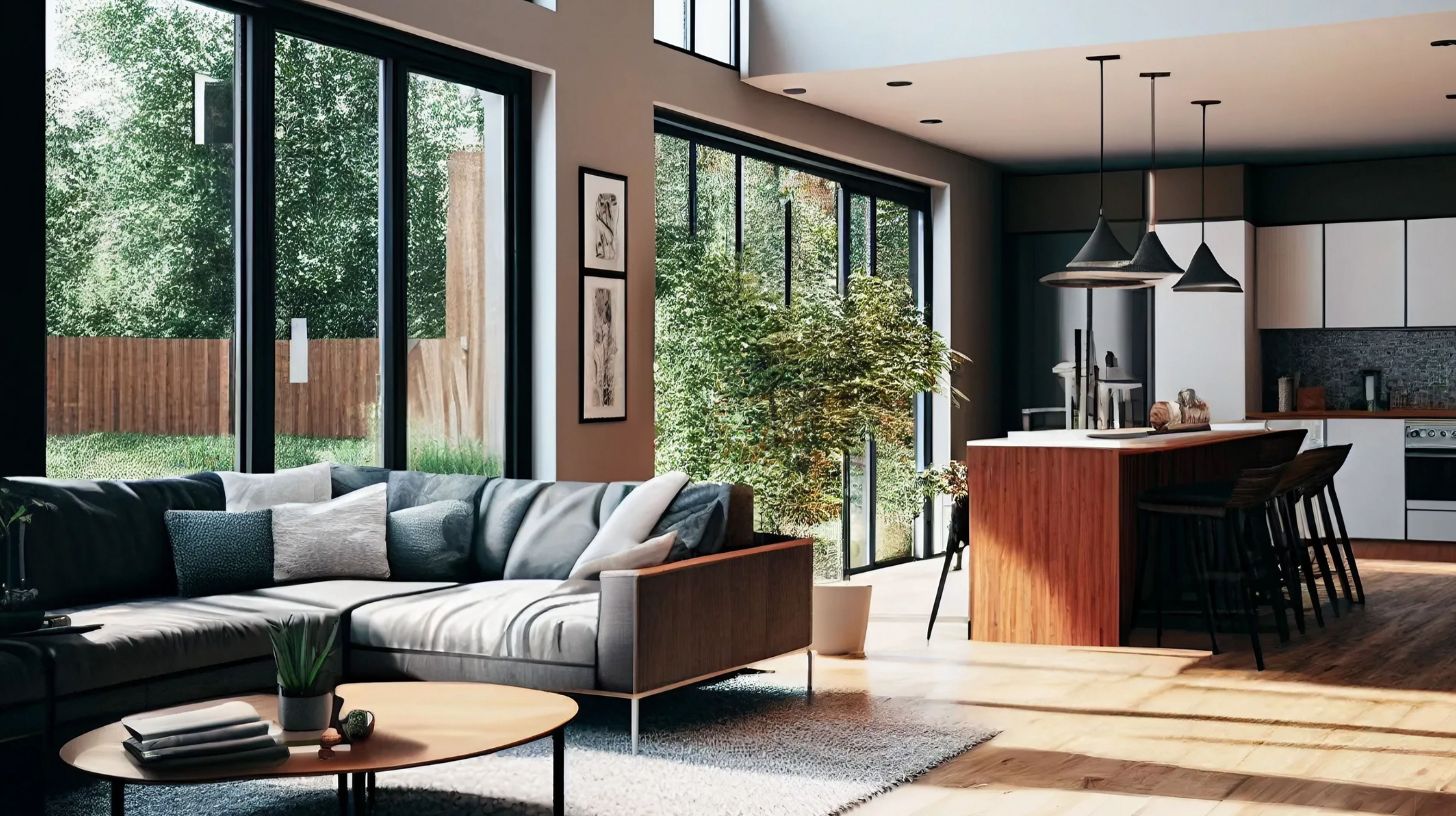 a modern living room with well placed windows