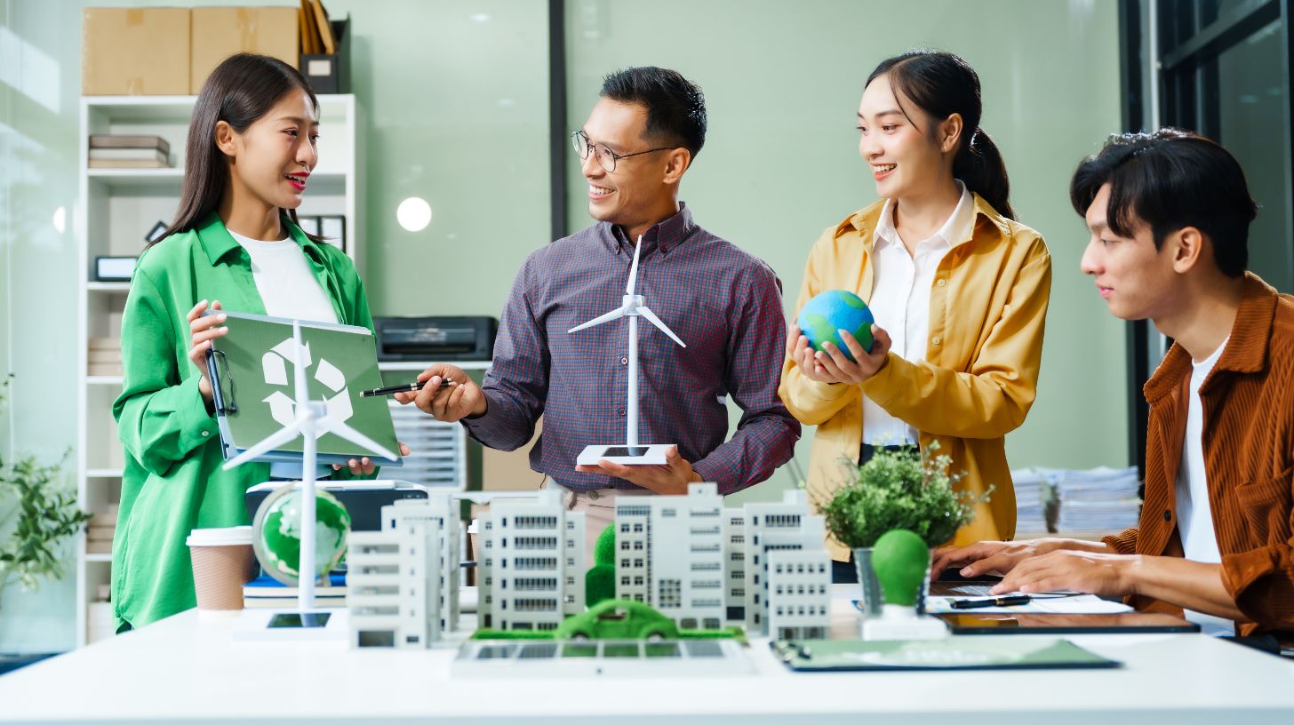 People in an office discussing eco friendly solutions