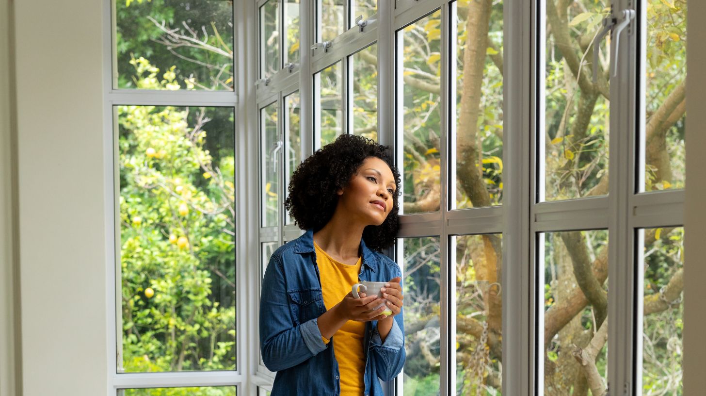 A woman holding a cup of coffee while looking out the window