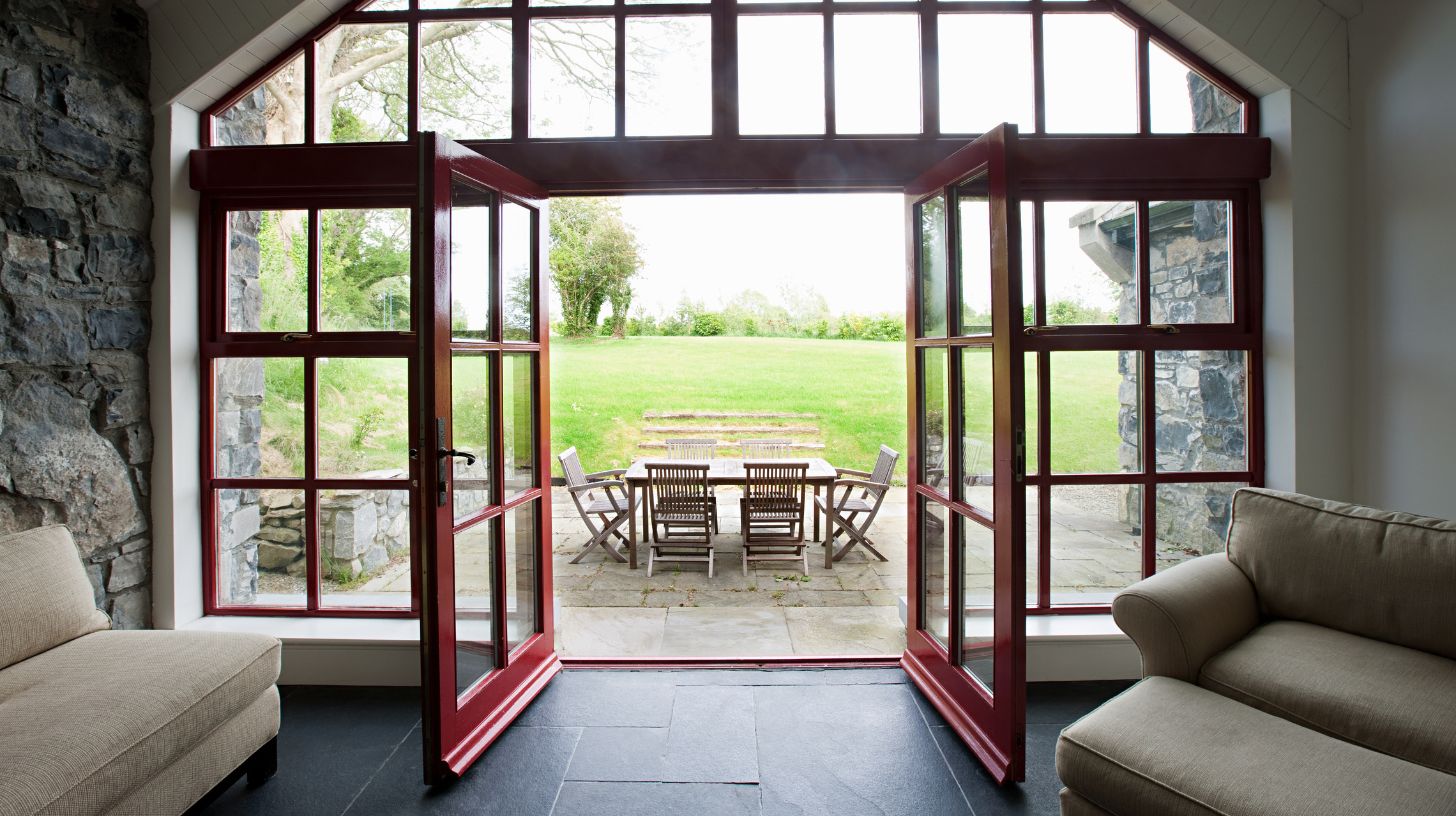 Brown french doors in a living room