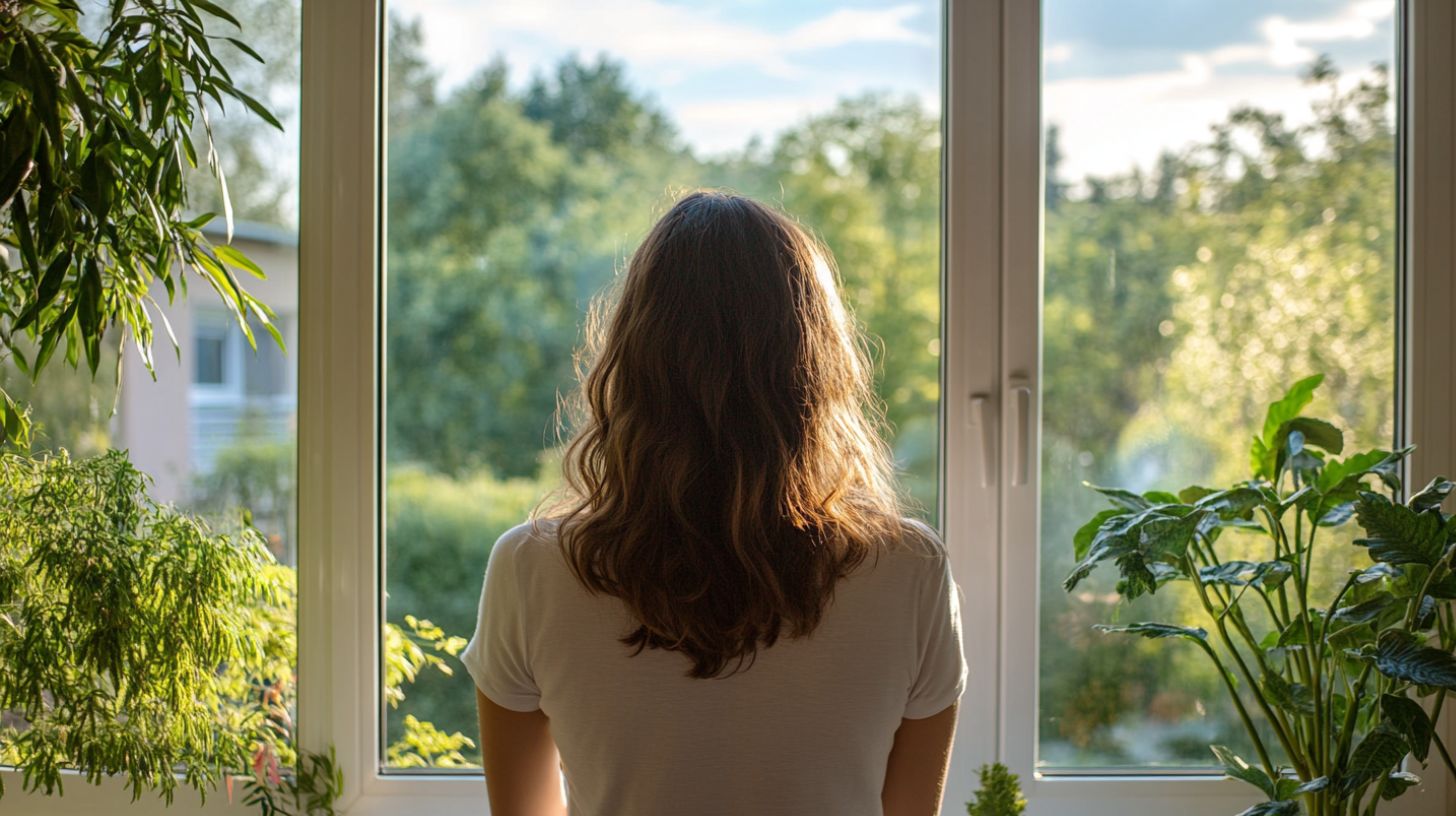 a woman looking out her newly cleaned double glazed windows