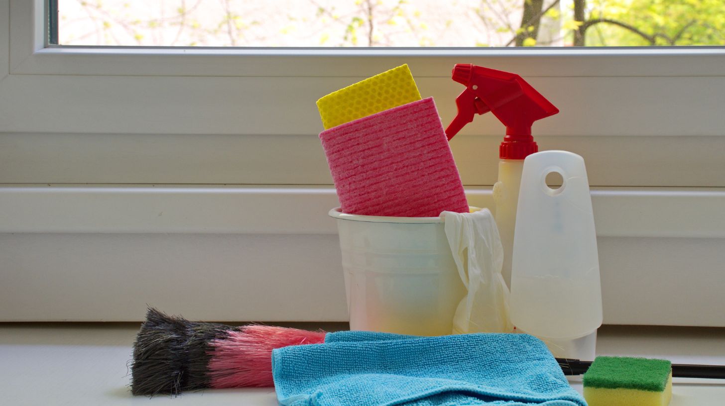cleaning supplies in front of a window