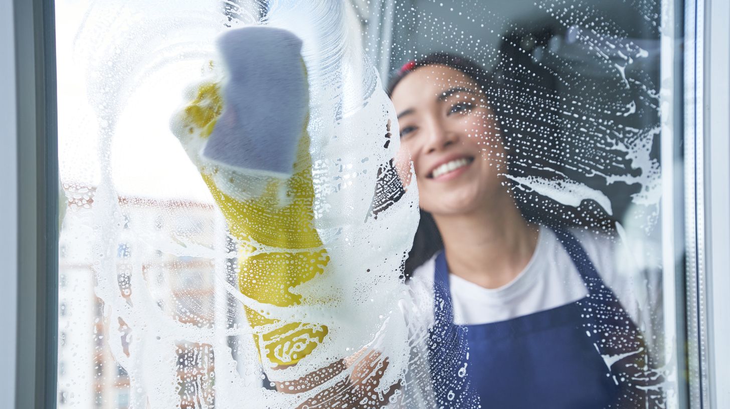 a woman cleaning a window with a sponge