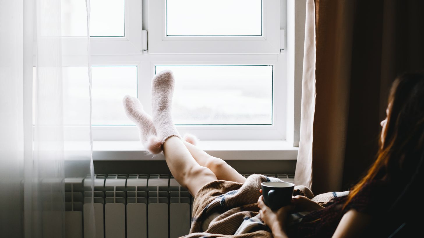 A woman looking out her window in winter A woman looking out her window in winter