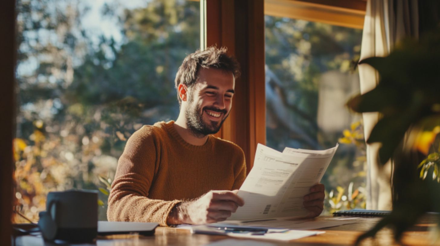 a man smiling as he looks at his energy bill