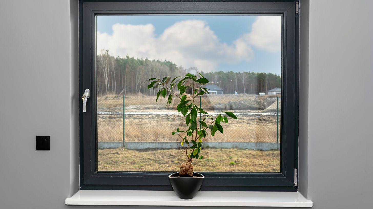 A plant in front of a double glazed window